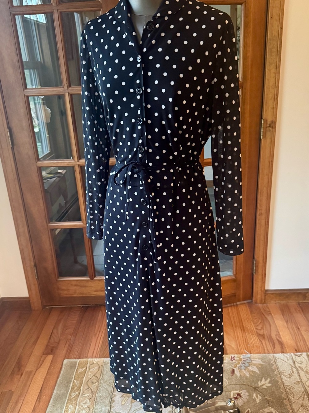 Anne Klein Black and White Polka Dot Long Sleeve Shirt Dress